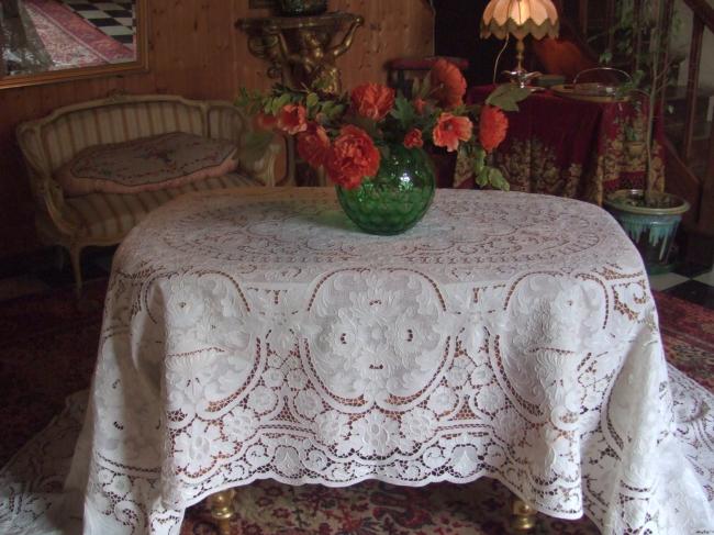 Exceptional huge banquet tablecloth with rich Madeira embroidery