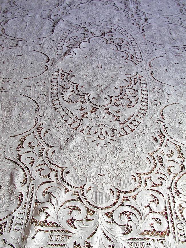 Exceptional huge banquet tablecloth with rich Madeira embroidery