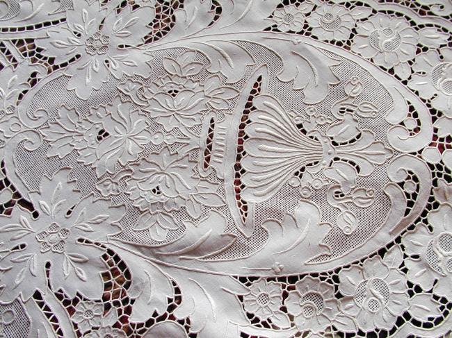 Exceptional huge banquet tablecloth with rich Madeira embroidery