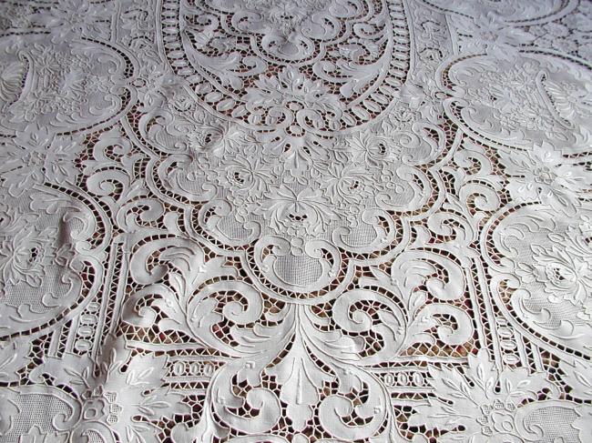 Exceptional huge banquet tablecloth with rich Madeira embroidery