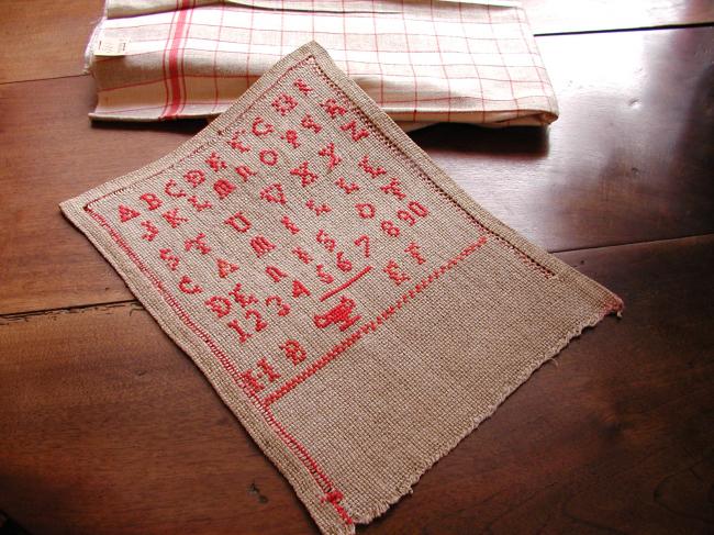 Superb sampler in hemp with red cross stitches, made by Camille Denisot 1920-30