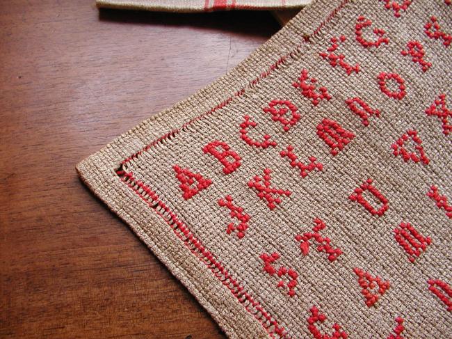 Superb sampler in hemp with red cross stitches, made by Camille Denisot 1920-30