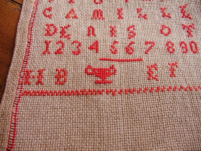 Superb sampler in hemp with red cross stitches, made by Camille Denisot 1920-30