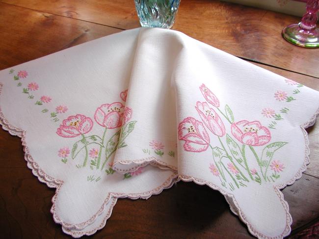 Such a beautiful tableclot with hand-embroidered pink tulips