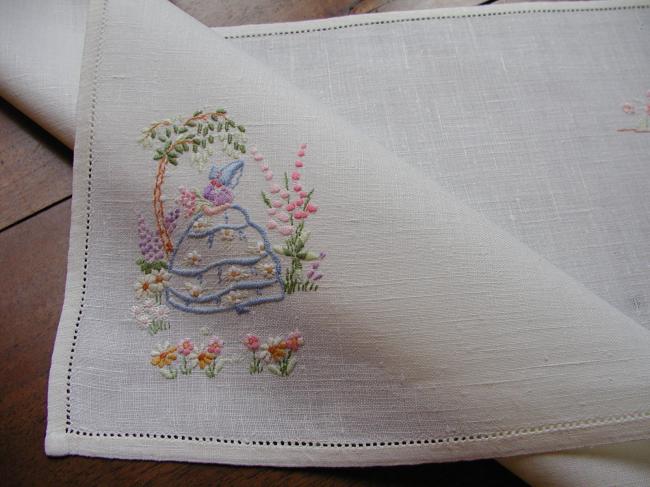 Lovely breakfast tray cloth with Crinoline lady and garden flowers