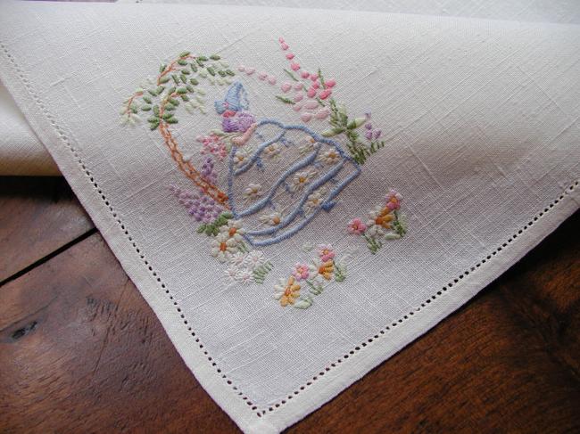 Lovely breakfast tray cloth with Crinoline lady and garden flowers