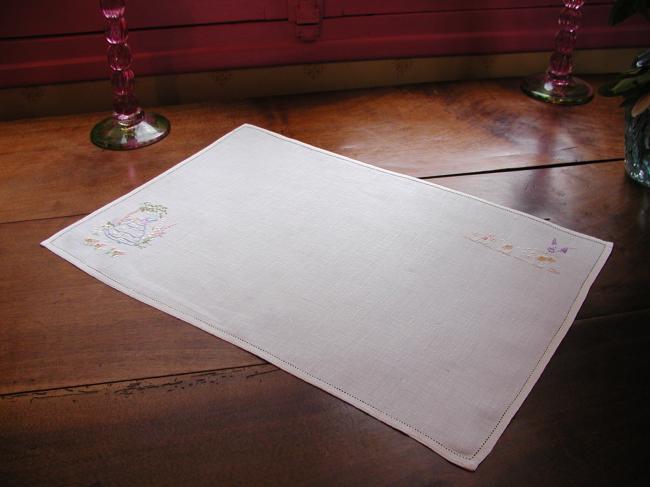 Lovely breakfast tray cloth with Crinoline lady and garden flowers