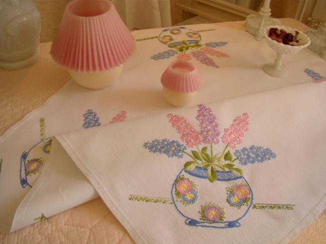 Really pretty tablecloth with hand-embroidered hyacinths bowls