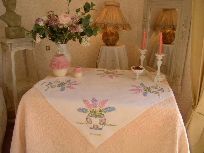 Really pretty tablecloth with hand-embroidered hyacinths bowls