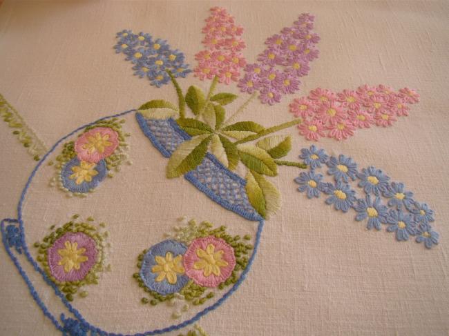 Really pretty tablecloth with hand-embroidered hyacinths bowls