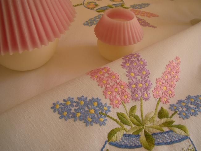 Really pretty tablecloth with hand-embroidered hyacinths bowls