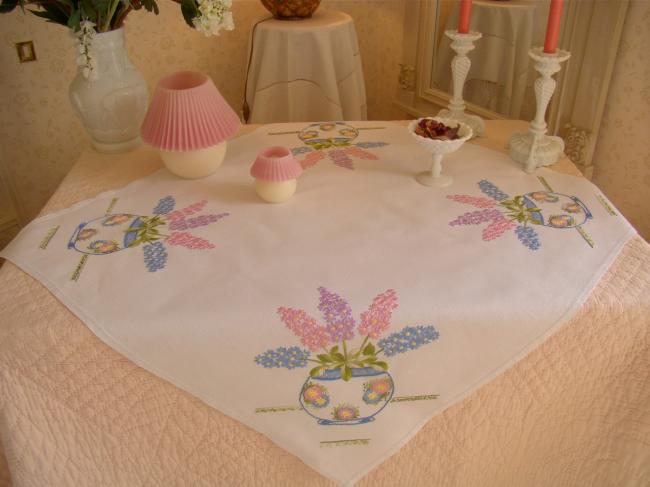 Really pretty tablecloth with hand-embroidered hyacinths bowls