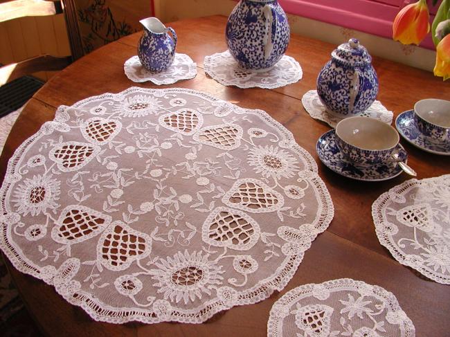 Somptuous tea service in Princess lace and Carrickmacross appliqué 1890