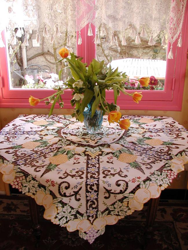 Masterpiece of tablecloth in Madeira work, rich color,embroidered exotic fruits