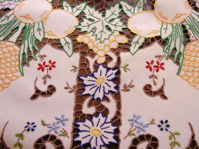 Masterpiece of tablecloth in Madeira work, rich color,embroidered exotic fruits