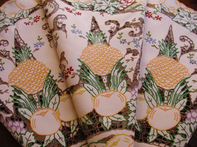 Masterpiece of tablecloth in Madeira work, rich color,embroidered exotic fruits