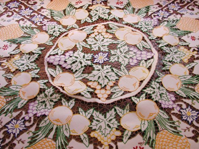 Masterpiece of tablecloth in Madeira work, rich color,embroidered exotic fruits