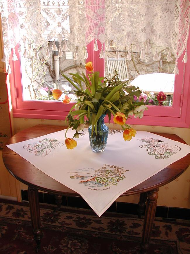 Gorgeous souvenir tablecloth, with hand-embroidered Devon sites in UK