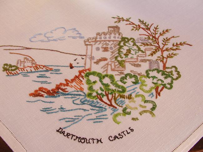 Gorgeous souvenir tablecloth, with hand-embroidered Devon sites in UK