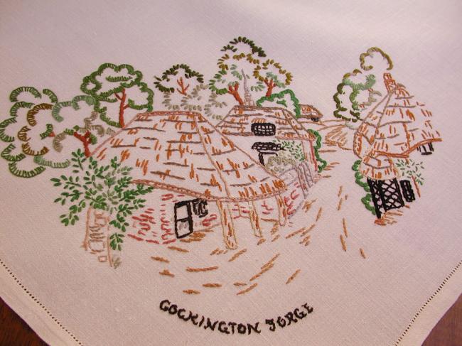 Gorgeous souvenir tablecloth, with hand-embroidered Devon sites in UK