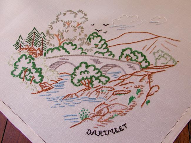 Gorgeous souvenir tablecloth, with hand-embroidered Devon sites in UK