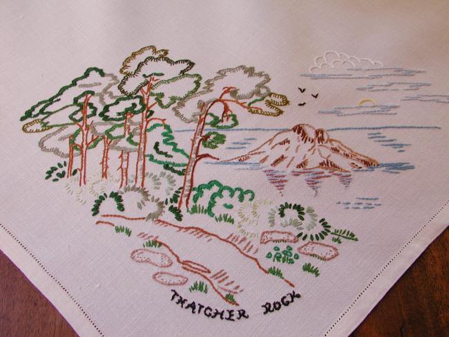 Gorgeous souvenir tablecloth, with hand-embroidered Devon sites in UK