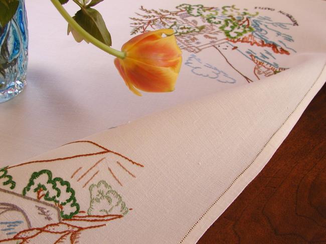 Gorgeous souvenir tablecloth, with hand-embroidered Devon sites in UK