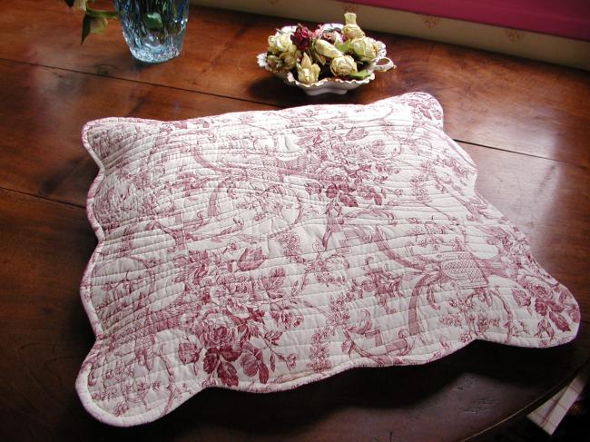 Charming pair of cushion slips in Toile de Jouy, quilted style, red color #2