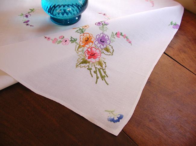 Lovely small tablecloth with hand-embroidered bouquets of flowers