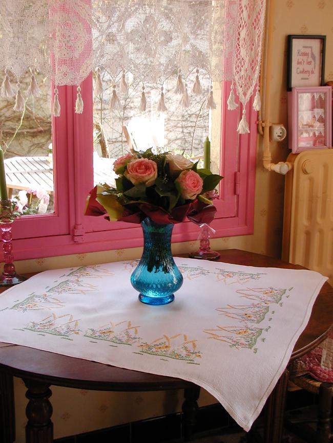 Lovely tablecloth with embroidered wild flowers and wheat