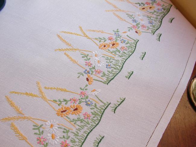 Lovely tablecloth with embroidered wild flowers and wheat