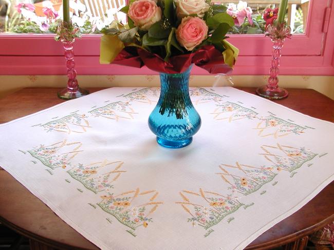 Lovely tablecloth with embroidered wild flowers and wheat