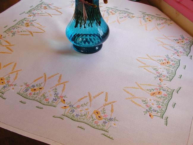 Lovely tablecloth with embroidered wild flowers and wheat