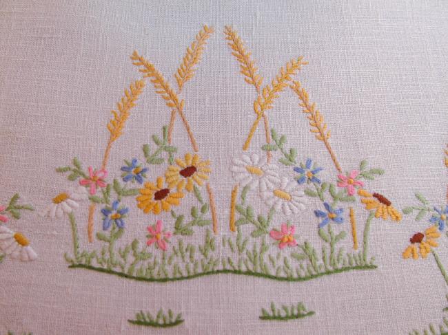 Lovely tablecloth with embroidered wild flowers and wheat