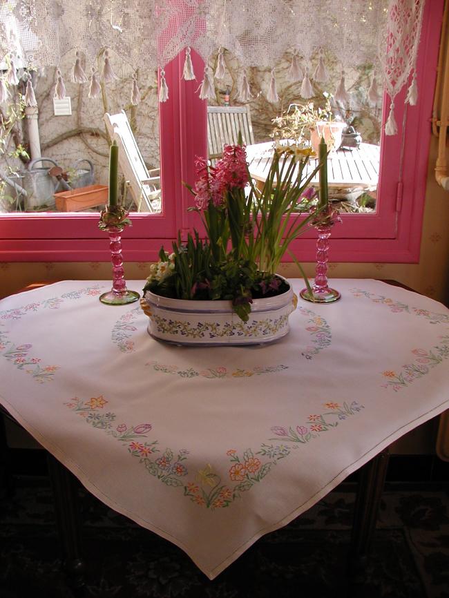 Gorgeous spring tablecloth with embroidered flowers like tulips daffodils,etc...