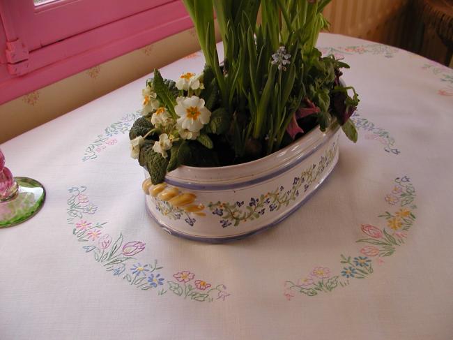 Gorgeous spring tablecloth with embroidered flowers like tulips daffodils,etc...