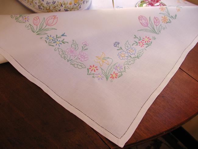 Gorgeous spring tablecloth with embroidered flowers like tulips daffodils,etc...