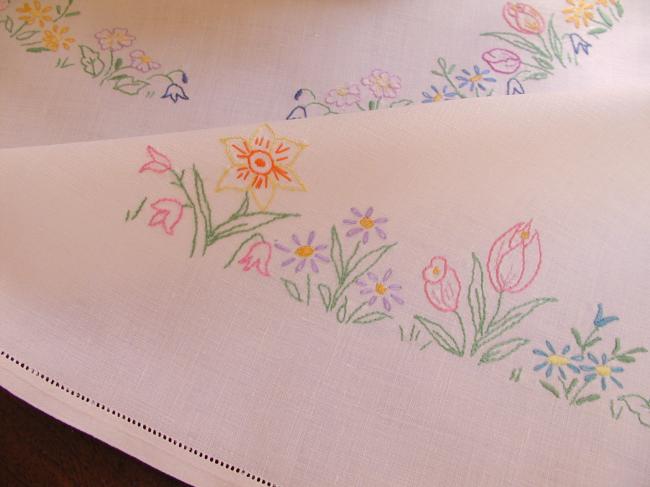 Gorgeous spring tablecloth with embroidered flowers like tulips daffodils,etc...