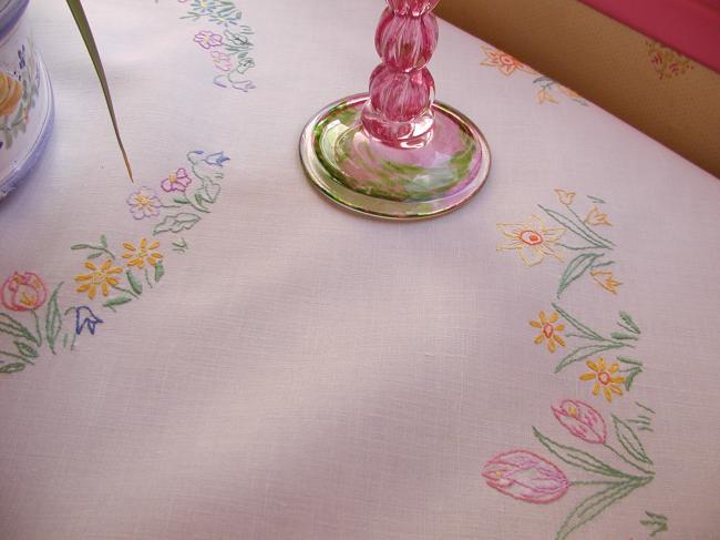 Gorgeous spring tablecloth with embroidered flowers like tulips daffodils,etc...