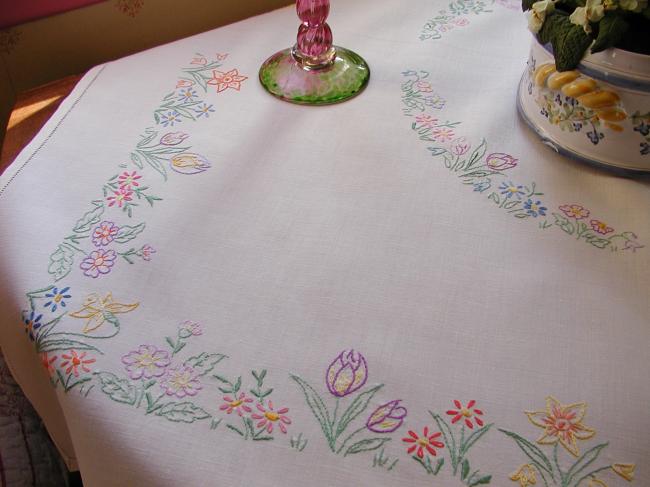 Gorgeous spring tablecloth with embroidered flowers like tulips daffodils,etc...