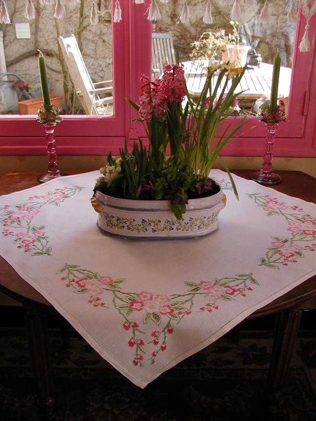 Stunning tablecloth with embroidered blooming cherry tree