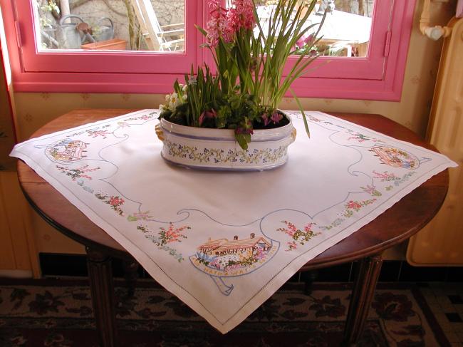 Superb tablecloth with hand-embroidered cottage of Ann Hathaway,Shakespeare wife