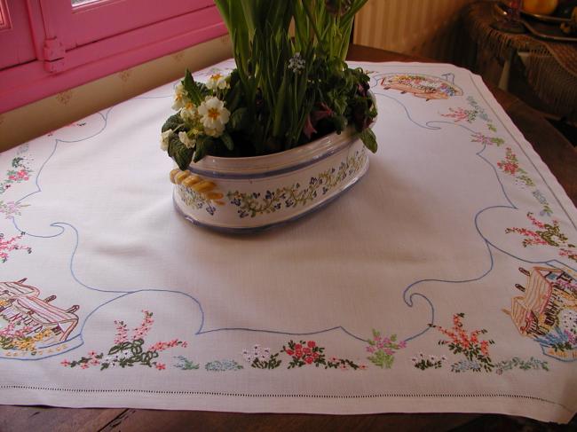 Superb tablecloth with hand-embroidered cottage of Ann Hathaway,Shakespeare wife