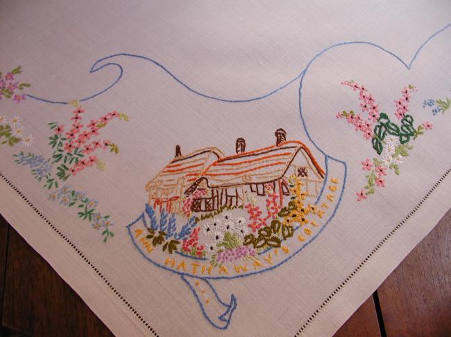 Superb tablecloth with hand-embroidered cottage of Ann Hathaway,Shakespeare wife