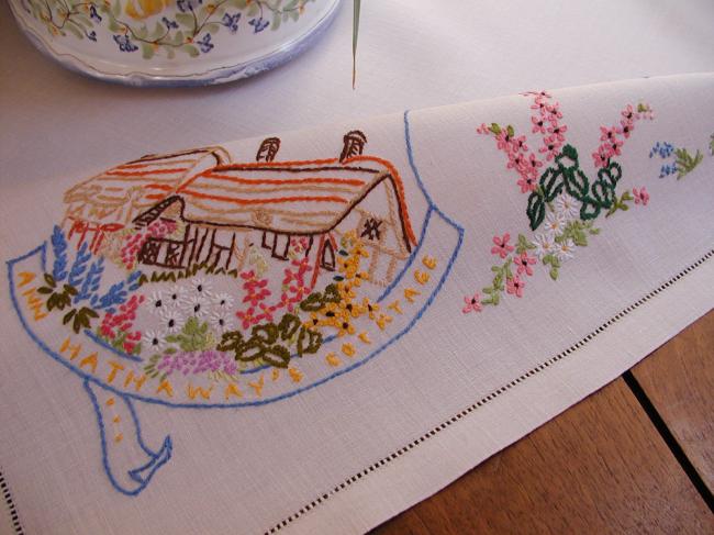 Superb tablecloth with hand-embroidered cottage of Ann Hathaway,Shakespeare wife