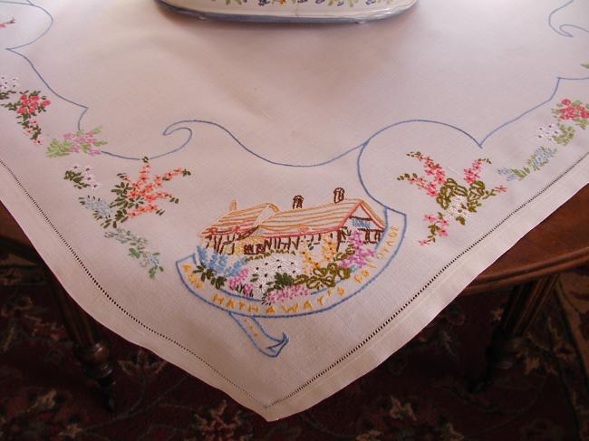 Superb tablecloth with hand-embroidered cottage of Ann Hathaway,Shakespeare wife