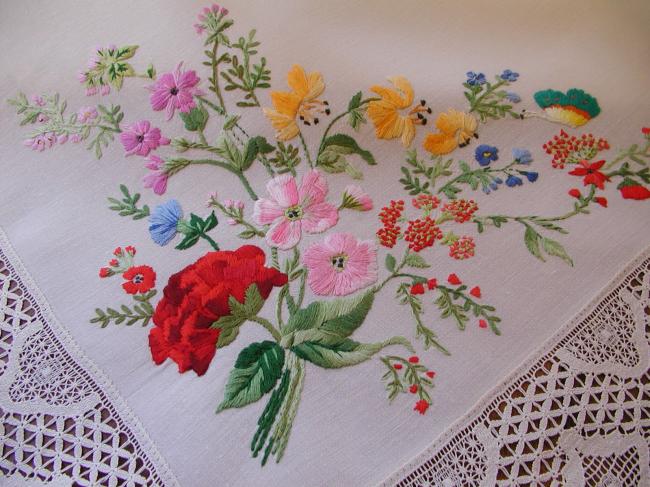 Really breathtaking tablecloth with hand-embroidered flowers and butterflies