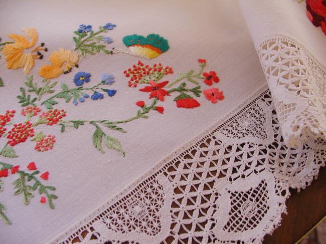 Really breathtaking tablecloth with hand-embroidered flowers and butterflies