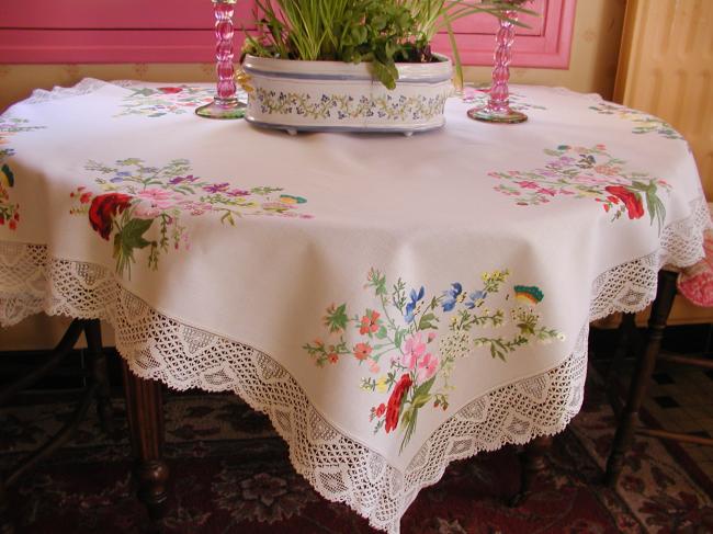 Really breathtaking tablecloth with hand-embroidered flowers and butterflies