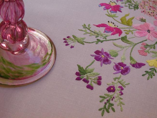 Really breathtaking tablecloth with hand-embroidered flowers and butterflies